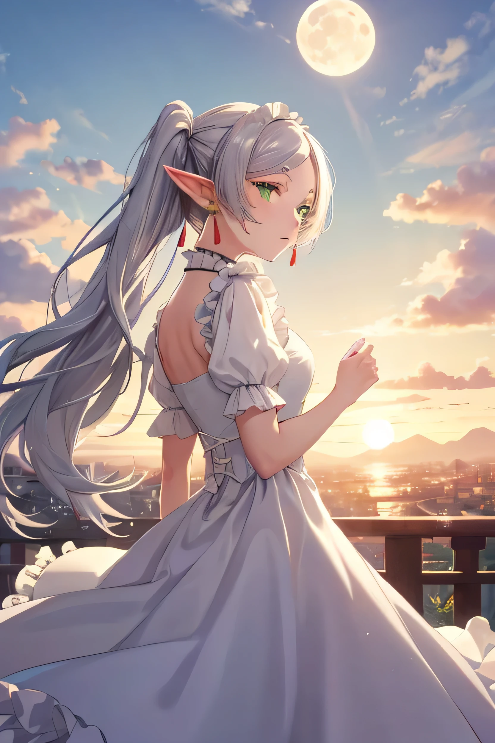 ((masterpiece)), (Highest quality), High resolution, Very detailed, Confused, 2D Freeze, 1 girl, Earrings, Goblins, Long Hair, Pointy Ears, alone, Twin tails, Green Eyes, Earrings, Gray Hair, Looking at the audience, (White dress:1.3), (White frills:1.3), (accessories:1.3),  Very detailed手, Very detailed指, Very detailed目,Outdoor, Shine, Sunset sky,cloud, cloudy sky, moon, Style-NebMagic, Pause, Dynamic Angle, From the side,silhouette,Backlight,masterpiece,Highest quality