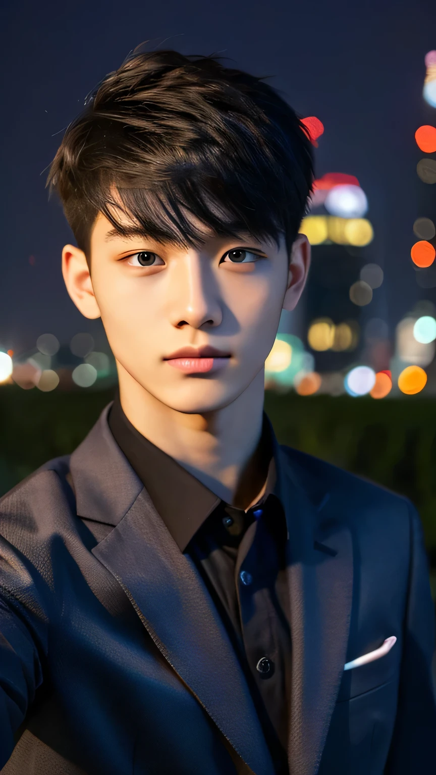 Highest quality, masterpiece, Ultra-high resolution, (Realistic: 1.4), Original photo, wallpaper, Head Photo, skin, Simple Background, Iris, detailed, Selfie, 1 boy, 18-year-old, good looking, Wind,suit、Night view
