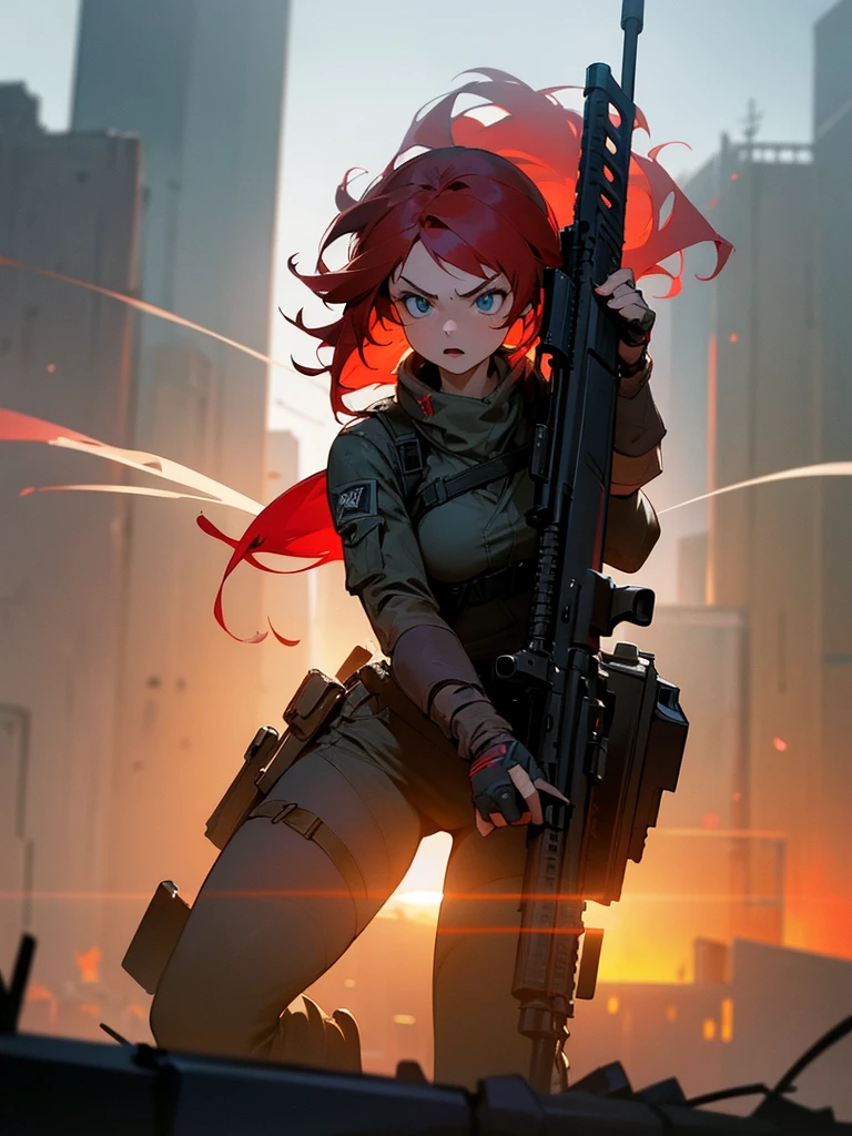 a young woman, kelly, with vibrant red hair, wearing tactical gear, holding a high-powered assault rifle, intense expression, action pose, post-apocalyptic cityscape background, cinematic lighting, hyper-detailed, photorealistic, 8k, masterpiece