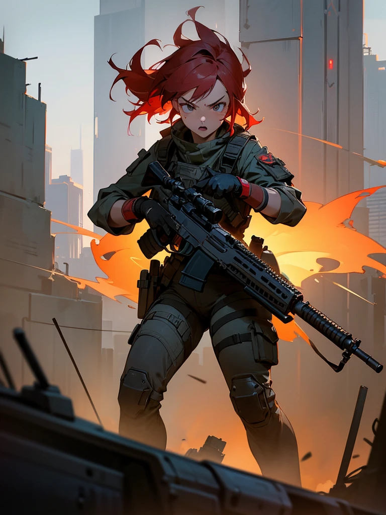 a young woman, kelly, with vibrant red hair, wearing tactical gear, holding a high-powered assault rifle, intense expression, action pose, post-apocalyptic cityscape background, cinematic lighting, hyper-detailed, photorealistic, 8k, masterpiece