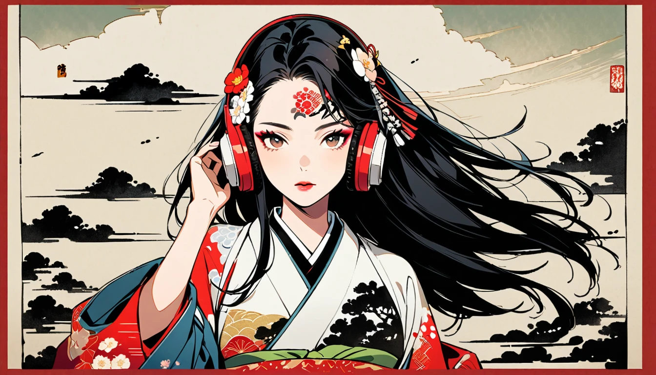 (((Ink Painting))), Fashion portrait color photos, (((1 girl))), (((Tattoo in the center of the forehead))), (((Very flashy hair accessories))), (((Very flashy makeup))), Japanese style headphones, Japan人の美少女, Black Hair, Delicate and precise, Modern ukiyo-e style,Japan, Japanese flag