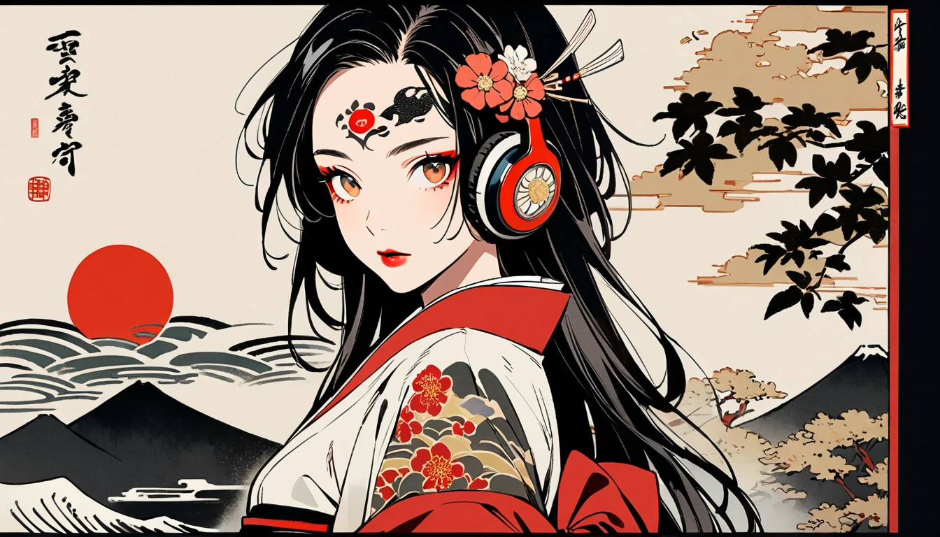 (((Ink Painting))), Fashion portrait color photos, (((1 girl))), (((Tattoo in the center of the forehead))), (((Very flashy hair accessories))), (((Very flashy makeup))), Japanese style headphones, Japan人の美少女, Black Hair, Delicate and precise, Modern ukiyo-e style,Japan, Japanese flag