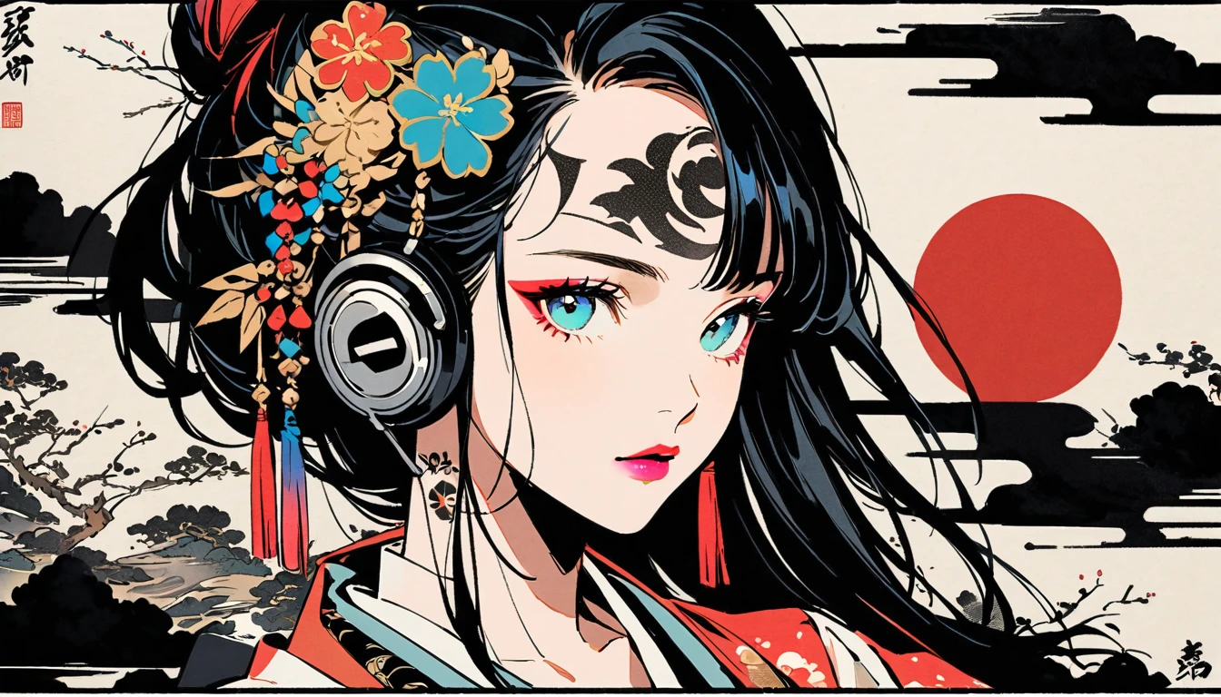 (((Ink Painting))), Fashion portrait color photos, (((1 girl))), (((Tattoo in the center of the forehead))), (((Very flashy hair accessories))), (((Very flashy makeup))), Japanese style headphones, Japan人の美少女, Black Hair, Delicate and precise, Modern ukiyo-e style,Japan, Japanese flag