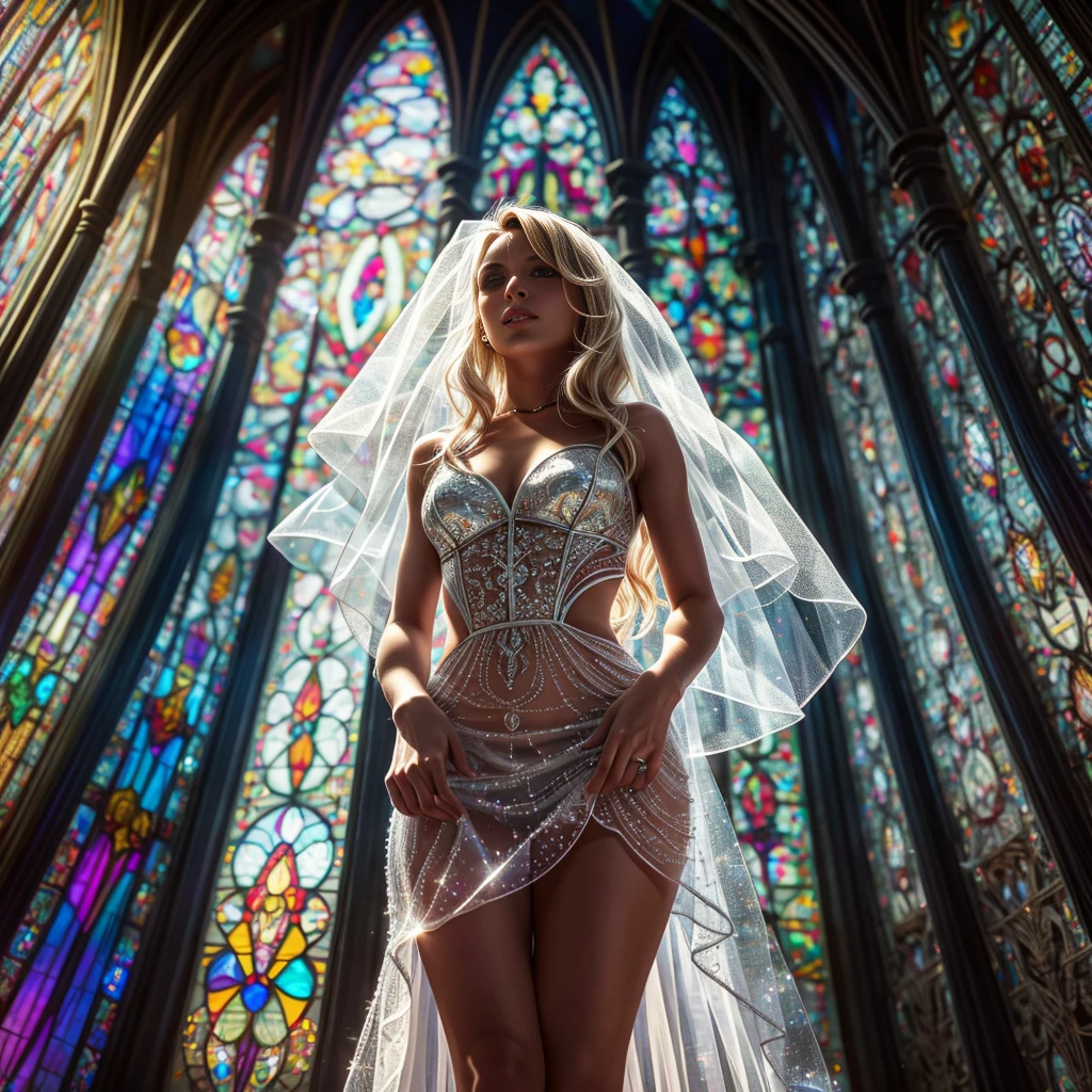 (Cathedral from below:1.28) (ZoomLayer) TopQuality 8K masterpiece of ((Professional photo)), (((Clarisse de Cagliostro))) (Detailed White WeddingDresses), Chain, (((Extremely detailed KAWAII face))) {((VeiledFace))|BlondeHair|(Elaborate BuleEyes)with(SparklingHighlights:1.28)}, The background is distant (((Elaborate stained glass))) Rainbow Glass, {(MysticSight)|EnchantingAtmosphere|Haze|(GodRays)|TyndallEffect}, Radiant PearlSkin with Transparency, (Exposed:0.39)