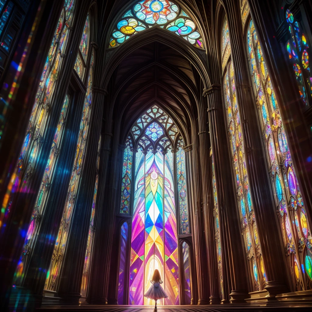  (Cathedral from below:1.28) (ZoomLayer) TopQuality 8K masterpiece of ((Professional photo)), (((Clarisse de Cagliostro))) (Detailed White WeddingDresses), Chain, (((Extremely detailed KAWAII face))) {((VeiledFace))|BlondeHair|(Elaborate BuleEyes)with(SparklingHighlights:1.28)}, The background is distant (((Elaborate stained glass))) Rainbow Glass, {(MysticSight)|EnchantingAtmosphere|Haze|(GodRays)|TyndallEffect}, Radiant PearlSkin with Transparency, (Exposed:0.39)