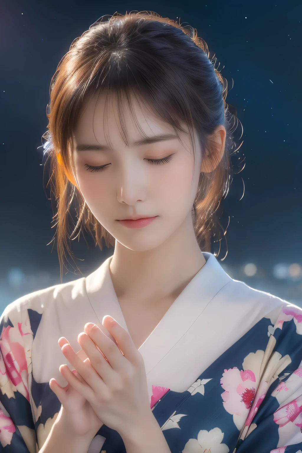 
(Close your eyes and look upwards:1.3), (beautiful girl:1.3), 17 years old, (Highest quality:1.4), (Very detailed), (Very detailedな顔と目), (Jesus Christ Pose:1.5), (Floral Yukata), Sad expression, Great face and eyes, iris, Bun Hair, (Skinny body type:1.3), Smooth, Very detailed CG synthesis 8k wallpaper, High-resolution RAW color photos, Professional photography, Light, BackLight, dream-like, impressive, Written boundary depth, (Face close-up:1.5), (From before:1.5), (The background is the night sky:1.3)