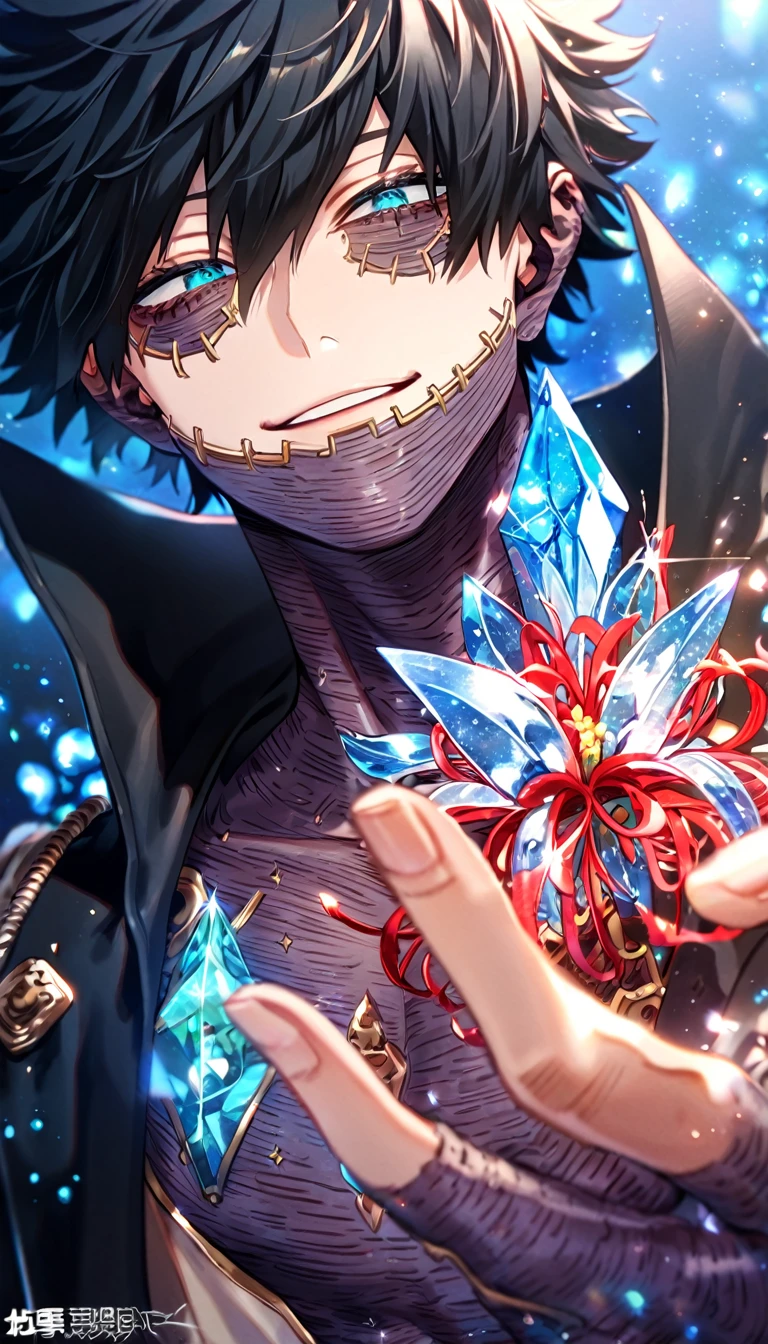 absurdres, highres, ultra detailed, HDR, master piece, best quality, extremely detailed, Dabi, black hair, expressive turquoise eyes, Boku No Hero Academia, solo, sexy man, handsome, sensual, smile, black coat with high collar, fantasy, sparkling, blue glittering fireflies, ice, blue blossoms, blue red spider lilies, blue sparkling lights, starry sky, magical, crystal
