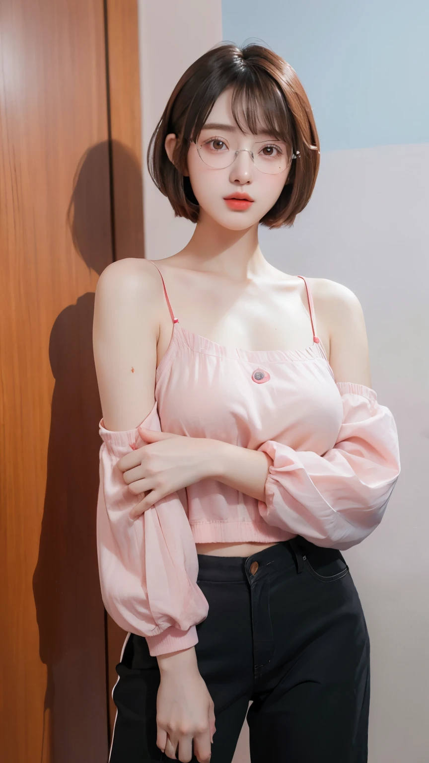 (masterpiece, best quality), (kpop idol, beautiful girl),   BREAK  0406,Best-quality, Masterpiece, Ultra-High-Resolution, (Photorealistic:1.4), Raw-Photo, Extremely-Details, Perfect-Anatomy, 

in In manhwa art style young adult Korean woman 24s. Her haircut is hime cut with bangs and ginger color. Her face is oval , which carry a hopefully and cool face. Her skin is radiant and clear, and her lips is red pink. Brown color eyes are captivating and beautiful. She is wearing a black pants and blue long-sleeved and glasses blouse while inside his photographic studio (((short bob haircut)))