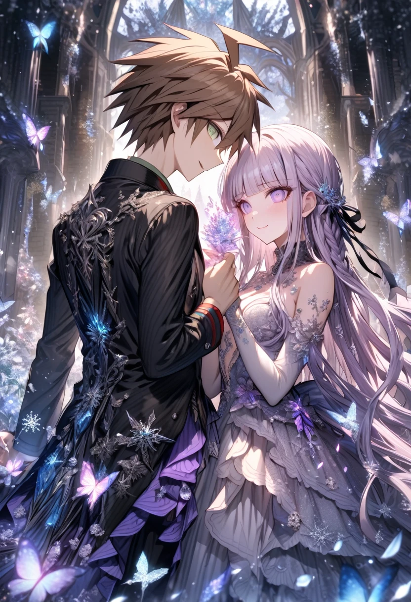 Ultra detailed, HDR, Highres, absurdres, master piece, Naegi Makoto, brown hair, expressive teal eyes, Kirigiri Kyouko, light lavender hair, expressive purple eyes, black clothes, Danganronpa, ice glittering butterflies, ice, petals, ice pink glass flowers, glittering, fantasy, magical, snowflakes, cold, a handsome man together with a beautiful woman, couple, love, smiling