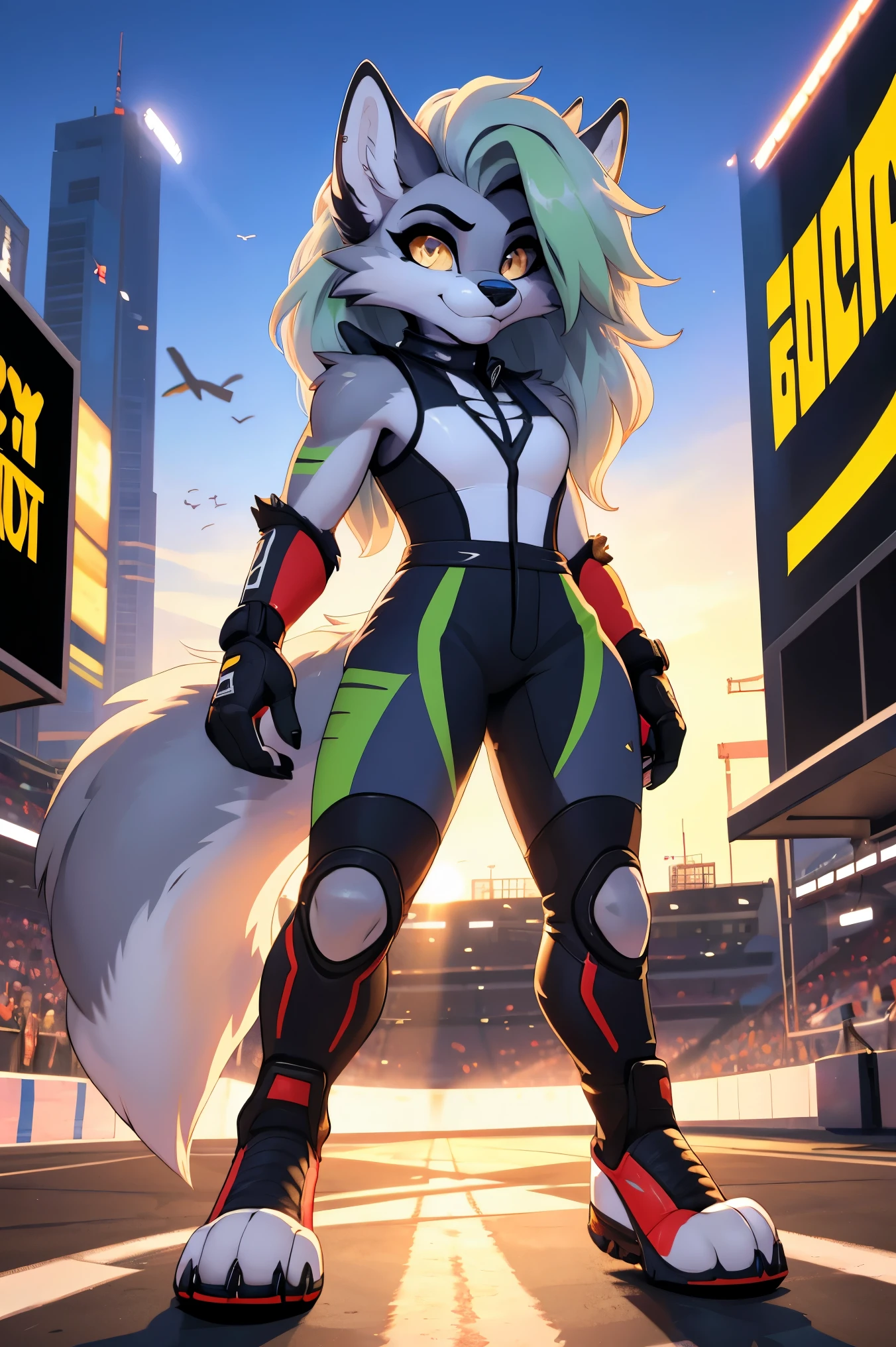furry, Roxanne lobo, large eyes, gray skin, gray fur, lock of bright green hair near face, Full view, nascar suit, huge , neckline, furry, lobo, silver hair, by the wide, bright yellow eyes, huge tail, black racing gloves, Alone,