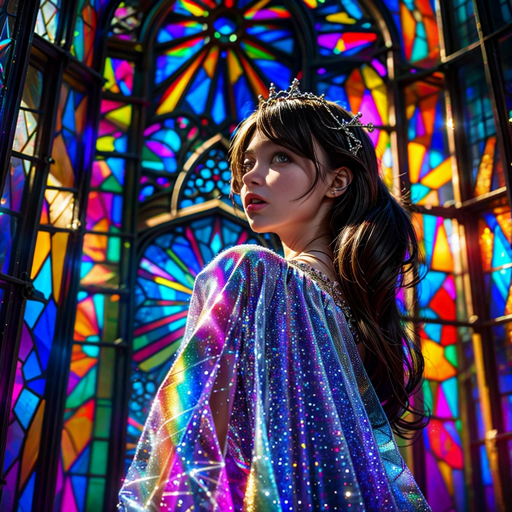 (Cathedral from below:1.28) (ZoomLayer) TopQuality 8K masterpiece of ((Professional photo)), (((Clarisse de Cagliostro))) (Detailed White WeddingDresses), Chain, (((Extremely detailed KAWAII face))) {((VeiledFace))|BlondeHair|(Elaborate BuleEyes)with(SparklingHighlights:1.28)}, The background is distant (((Elaborate stained glass))) Rainbow Glass, {(MysticSight)|EnchantingAtmosphere|Haze|(GodRays)|TyndallEffect}, Radiant PearlSkin with Transparency, (Exposed:0.39)
