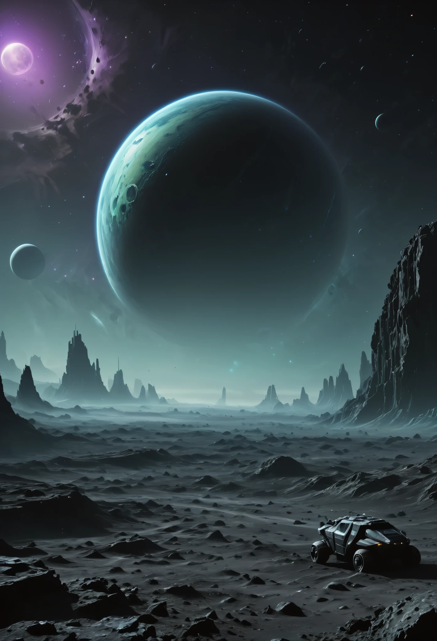 Create a view of a single gigantic planet setting over the horizon in space as seen through the dense atmosphere of the surface of a planet with a regular surface with deep craters on the surface , sky with nocturnal and dense cold and lilac atmosphere, surreal image, Science fiction, dark atmospher, cyberpunk style at night in the distance,  space is dark and you can only see the silhouette of one side of the planet through the dense atmosphere, Total dark, dark horizon, penumbra, as realistic as possible, dim ambient light, Dappled Light.
