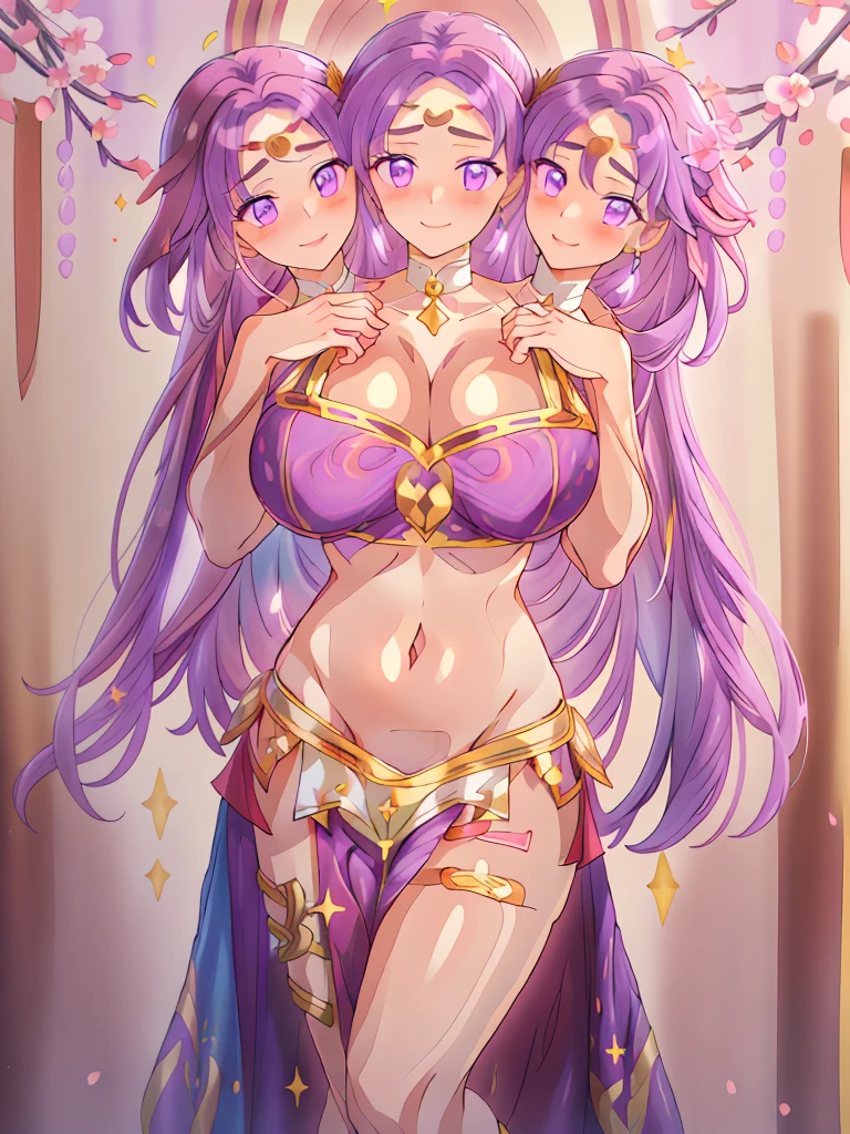 (masterpiece, best quality), best resolution, (3heads:1.5), 1girl, FEKarla, violet hair, flowing hair, smiling, soft smile, open belly, light purple-gold crop top, gold-light purple miniskirt, open breasts, very huge tits, sexy pose, beautiful eyes, headband, blue eyes, alluring presence, beautiful eyes, detailed eyes, sleeveless,
