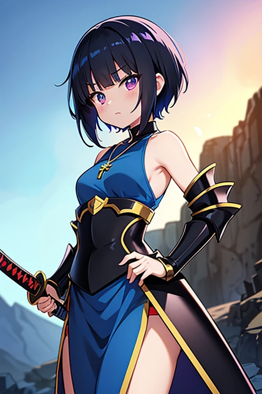dragon girl, Anime girls, carrying katana, anime, short black hair with neon blue highlights, hair is above shoulder height, smooth beautiful, 4k, anime art, pendant on hair, cross t necklace, vivid blue dress, battle armor golden armor, little clothing