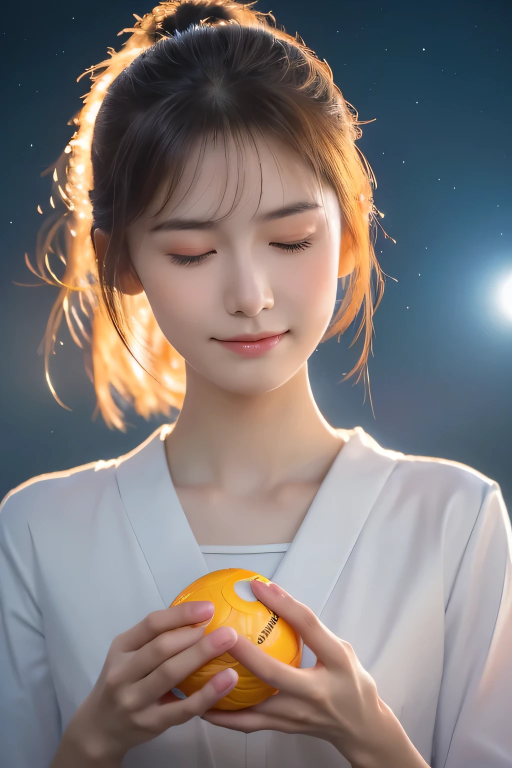 (Close your eyes and look upwards:1.3), (beautiful girl:1.3), 17 years old, (Highest quality:1.4), (Very detailed), (Very detailedな顔と目), (Scoop up the ball that shines like the sun with both hands:1.3), (A ball of light like the sun around the chest:1.5), (Floral Yukata), Sad expression, Great face and eyes, iris, Bun Hair, (Skinny body type:1.3), Smooth, Very detailed CG synthesis 8k wallpaper, High-resolution RAW color photos, Professional photography, Light, BackLight, dream-like, impressive, Written boundary depth, (Face close-up:1.5), (From before:1.2), (The background is the night sky:1.3)