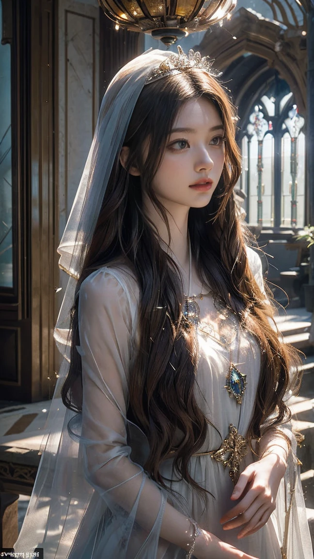 Create an image of a stunningly beautiful young woman with long, flowing golden hair and deep emerald eyes, wearing a moonlight-colored silk gown with silver embroidery and a delicate gossamer veil. She is walking gracefully through an ancient castle, with sunlight streaming through stained glass windows and casting a magical interplay of light and shadow. The castle's grand chamber features towering stone walls adorned with ivy and tapestries, and a large, ornate mirror with a gilded frame. Crystal chandeliers hang from the high ceiling, adding to the ethereal, dreamlike atmosphere of the scene.