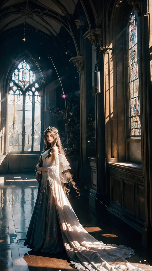 Create an image of a stunningly beautiful young woman with long, flowing golden hair and deep emerald eyes, wearing a moonlight-colored silk gown with silver embroidery and a delicate gossamer veil. She is walking gracefully through an ancient castle, with sunlight streaming through stained glass windows and casting a magical interplay of light and shadow. The castle's grand chamber features towering stone walls adorned with ivy and tapestries, and a large, ornate mirror with a gilded frame. Crystal chandeliers hang from the high ceiling, adding to the ethereal, dreamlike atmosphere of the scene.