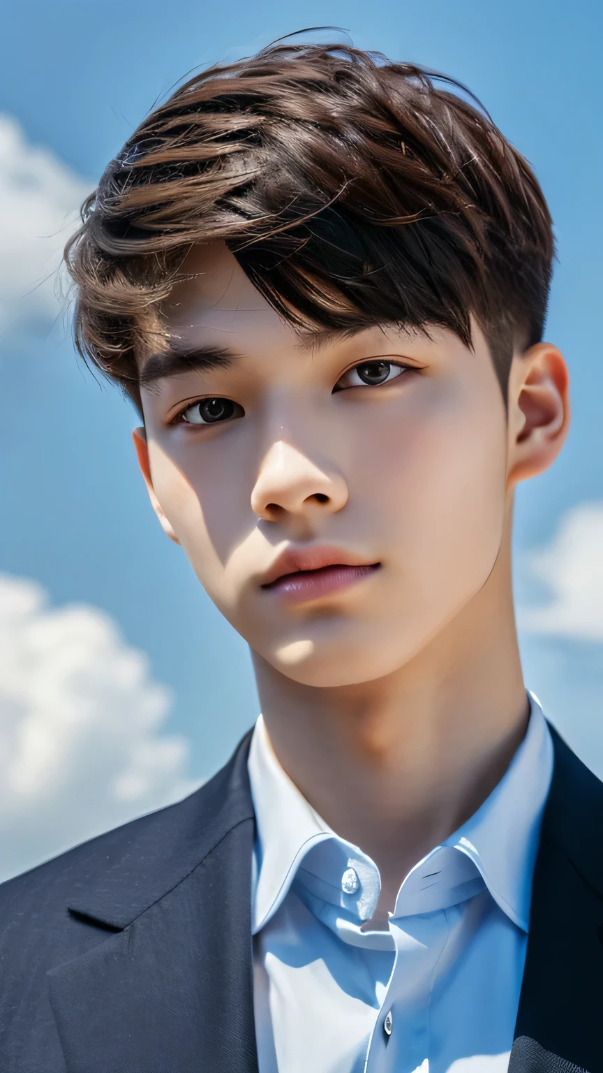 Highest quality, masterpiece, Ultra-high resolution, (Realistic: 1.4), Original photo, wallpaper, Head Photo, skin, Simple Background, Iris, detailed, Selfie, 1 boy, 18-year-old, good looking, Wind,suit