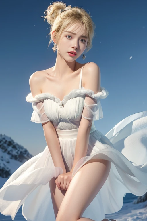 masterpiece、quality、Super detailed、Marilyn Takis，Focus on the thighs and above，Clear face，（Best quality at best）， beautiful girl：1.5、Red fluffy off-shoulder dress style，long hair flying，Snowflake earrings、snowflakes falling、Vague、snow world, red underwear showing detailed. (masterpiece, best quality),1girl, 20yo, perfect face, shiny skin, extremely detailed CG unity 8k wallpaper,beautiful girl,outdoor,fullbody,micro mini skirt,cute girl,slim,blonde, short hair, Ponytail,beautiful eyes,
