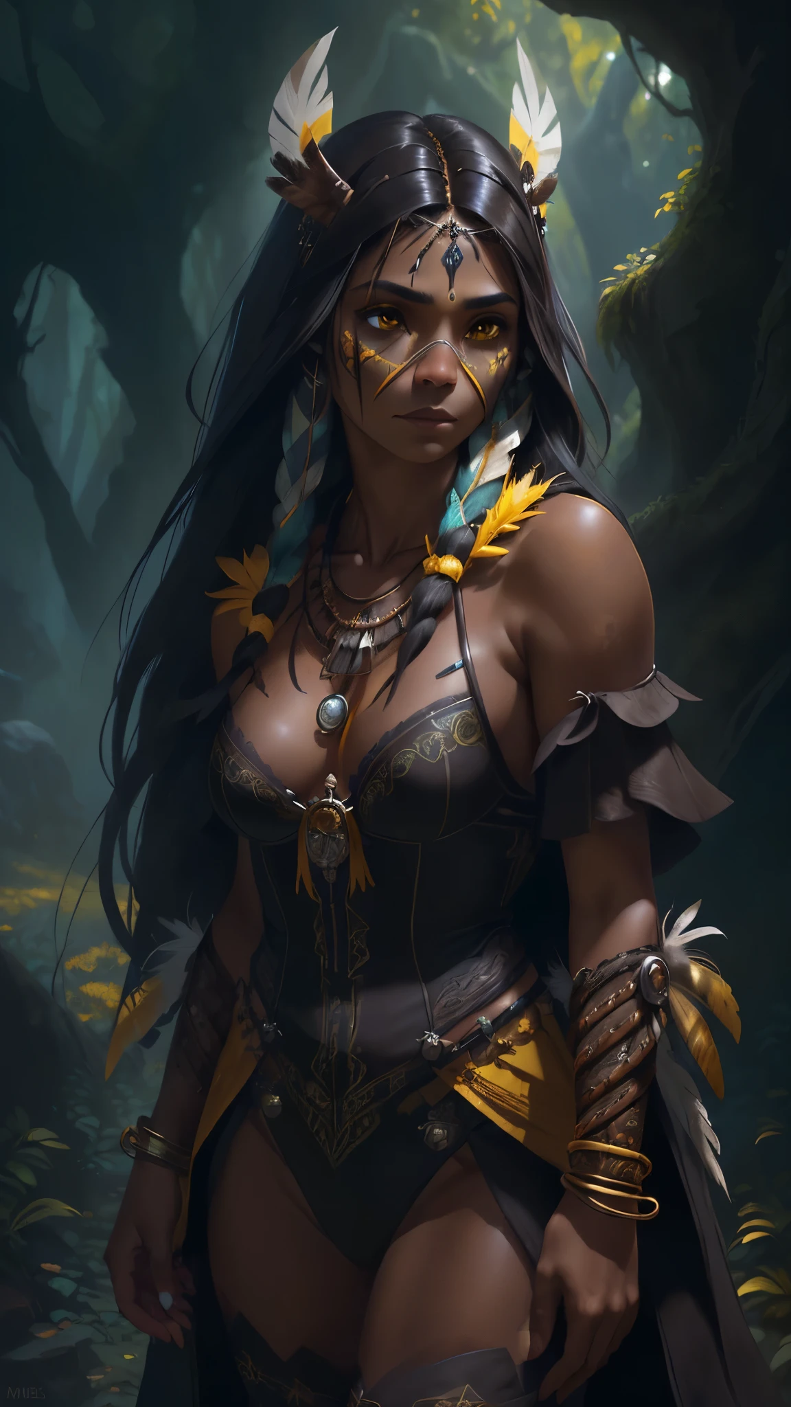 (La mejor calidad,A high resolution,Ultra - detallado,actual),Ariana Grande es una American native Indian, plumas en la cabeza ,(Native American:1.4), (dark ebony skin:1.4) ,(vestimenta yellow native American :1.4), feather,hair ornaments,jewelry,necklace,Tribal,Head ornament,Bracelet,Face Paint,Braiding,bracelet, Wow_fast_no_Freezing_style, One girl in full growth,(Fondo Los pastizales y matorrales :1.4), (Fondo de ruinas de mazmorra en ruinas selva pradera :1.4 ), Epic Fantasy Art Style HD, 4K fantasy art, epic fantasy digital art style, epic fantasy art style, Fantasy Woman, epic fantasy art portrait, Epic fantasy style, hyperrealistic fantasy art, hd fantasy art, Epic fantasy character art, epic fantasy art, in style of dark fantasy art, epic fantasy digital art, (pose vaquero), (anatomía perfecta :1.4),( fondo bosque árboles grandes pradera :1.4),( estilo encaje lingerie white :1.4), (face detailed America native :1.4), (native American :V2.1),( pose vaquero), (fondo árboles grandes atoño :1.4), (dark ebony skin:1.4)