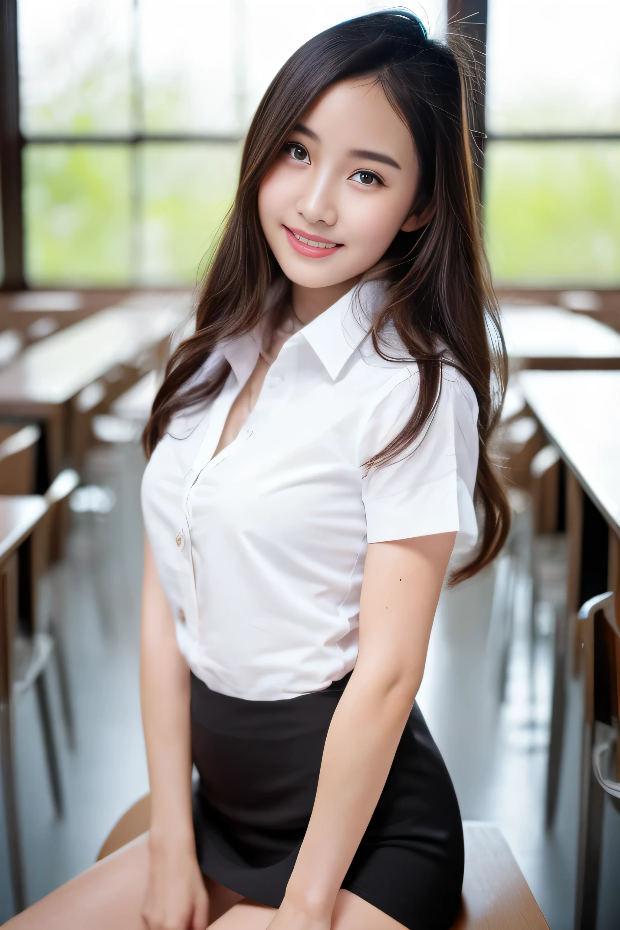 Close up,1 girl{{A beautiful woman wearing a white short-sleeved shirt and a short black A-line skirt}} sits with her legs spread apart on a lecture table in the classroom, striking a sexy pose.  with several lecture tables set up behind it  There is a sliding glass window.  There was evening light streaming into the room.