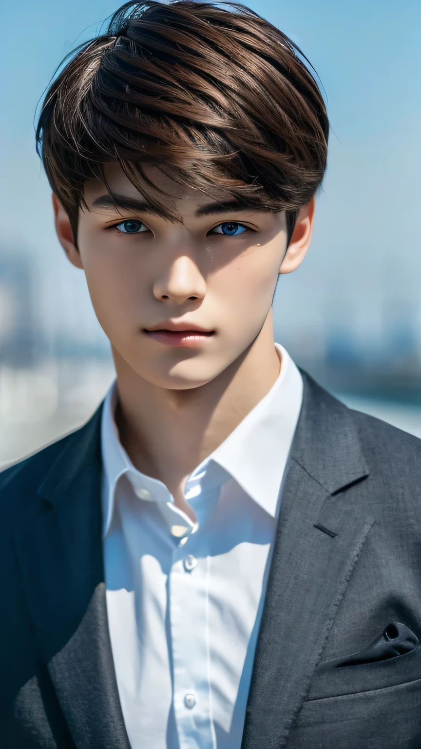 Highest quality, masterpiece, Ultra-high resolution, (Realistic: 1.4), Original photo, wallpaper, Head Photo, skin, Simple Background, Iris, detailed, Selfie, 1 boy, 18-year-old, good looking, Wind,suit