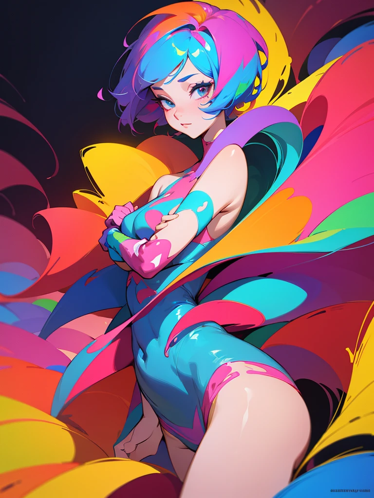 a painting of a woman with short hair and colorful hair, beautiful digital illustration, awesome digital illustration, gorgeous digital art, A beautiful artistic illustration., beautiful digital artwork, beautiful digital art, Exquisite digital illustration, Intricate digital painting, very beautiful digital art, Vibrant digital painting, beautiful gorgeous digital art, psychedelic loose hair, colorful digital painting, inspirational digital art, Scantily clad, stylized digital art