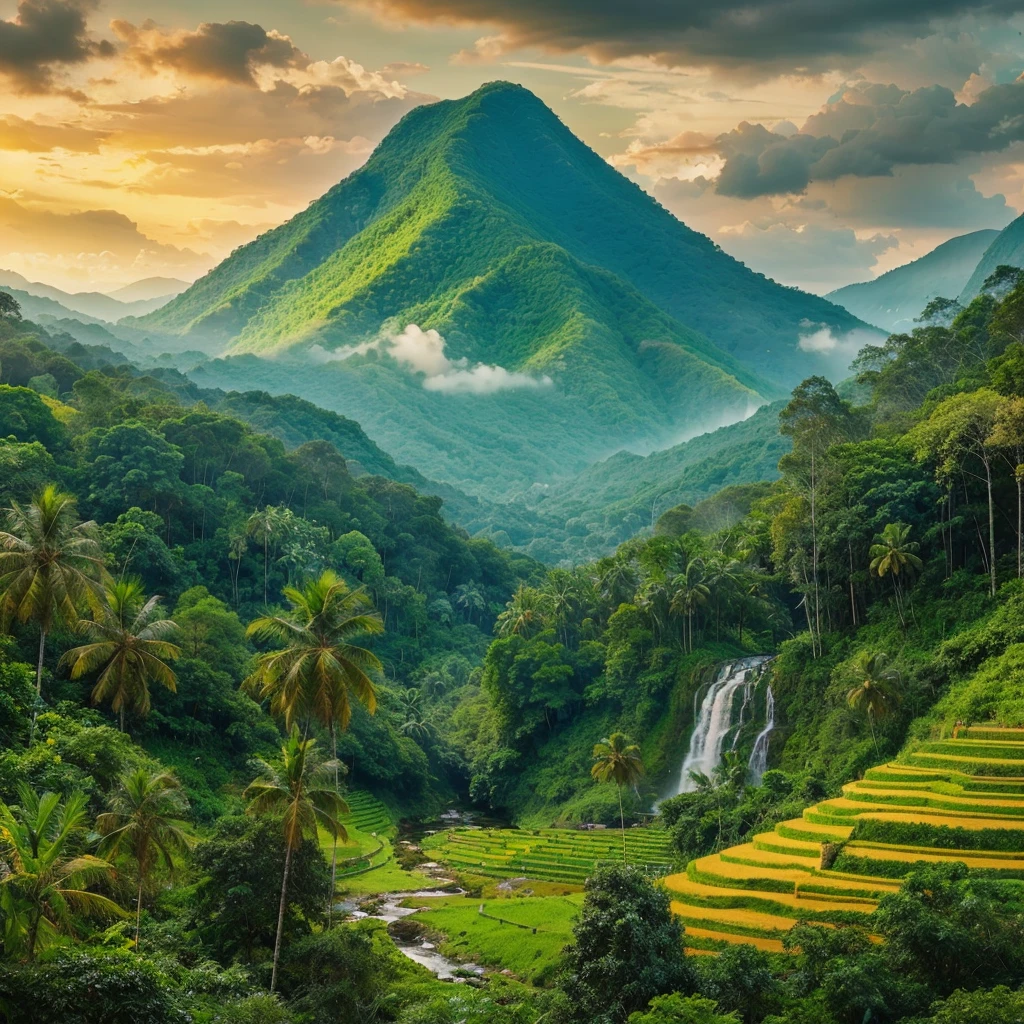 Lush, green mountain landscape. The mountain is covered in a thick, verdant forest, with a cascading waterfall in the foreground ,river. The towering trees are adorned with vibrant leaves.There are a vibrant yellow terrace paddy field layers arranged in a zigzag pattern.lush palm treesh, birds.The sky  cloudy with patterns of clouds scattered across, allowing sunset to seep through. 