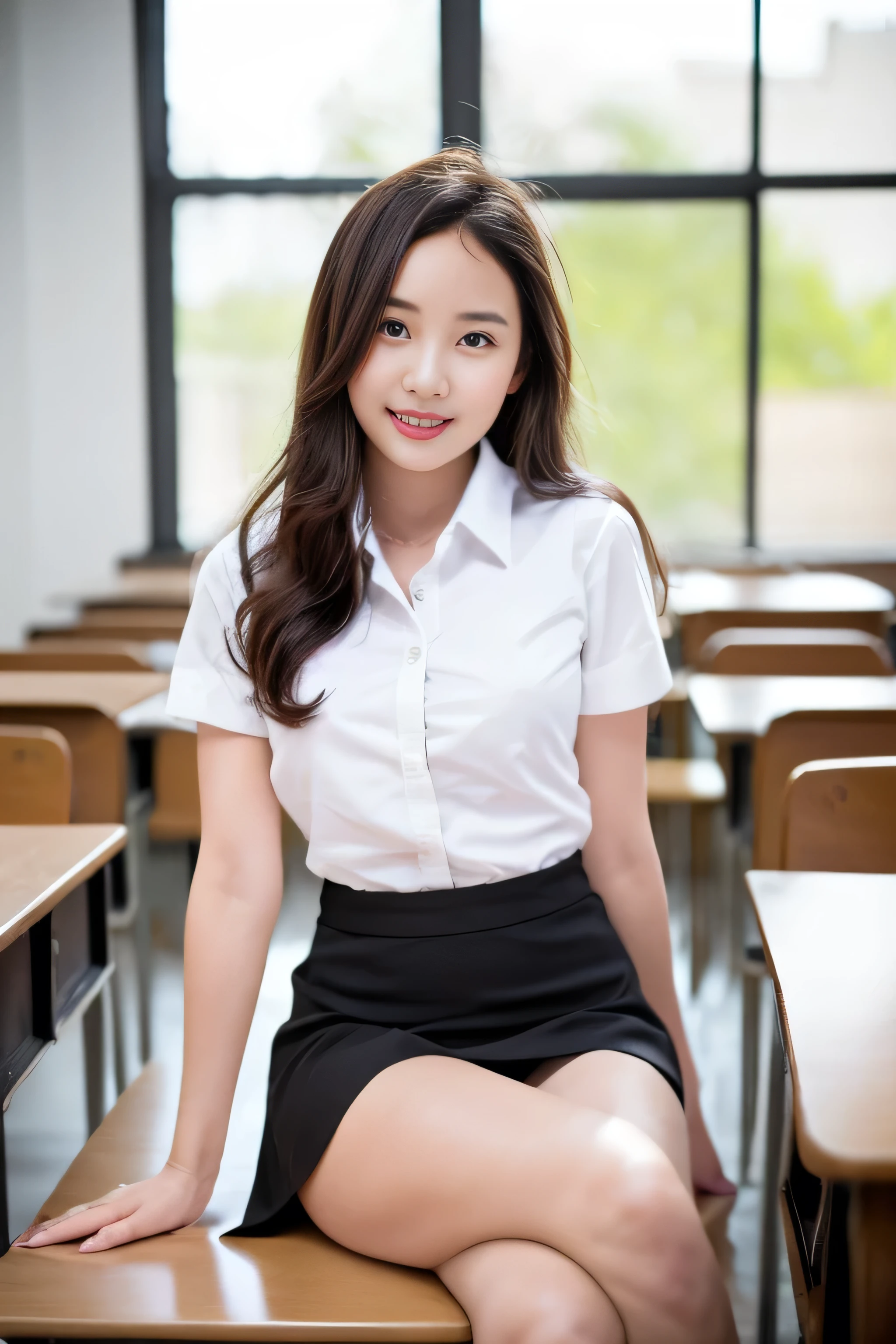 Close up,1 girl{{A beautiful woman wearing a white short-sleeved shirt and a short black A-line skirt}} sits with her legs spread apart on a lecture table in the classroom, striking a sexy pose.  with several lecture tables set up behind it  There is a sliding glass window.  There was evening light streaming into the room.