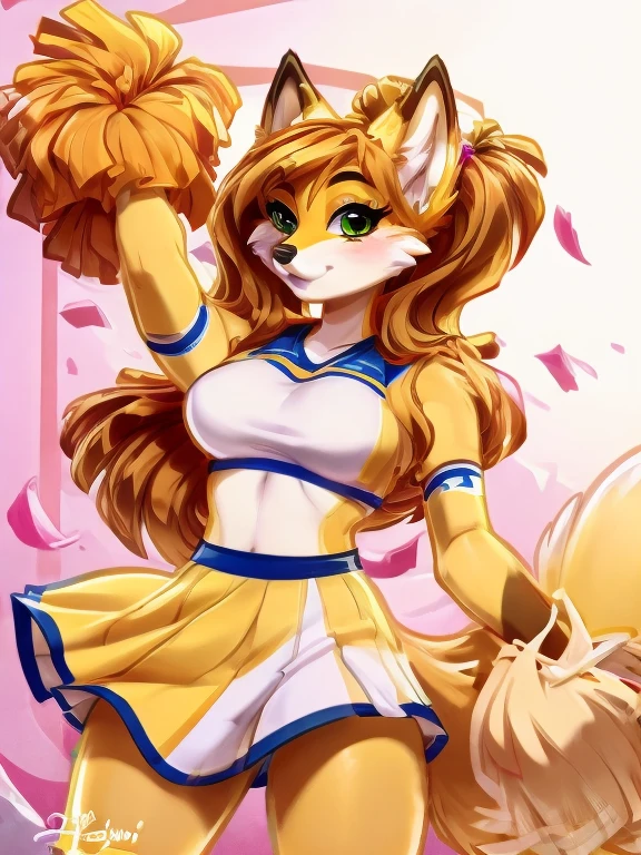 (by pollo chan), Liz, fox girl, yellow fur, white countershading, green eyes, fox ears, animal nose, fox nose, black nose, fox tail, short snout, snout, black ear tips, fox anthro, furry female, furry, orange long_hair, eyelashes, black stripes on the cheeks, (cheerleader)