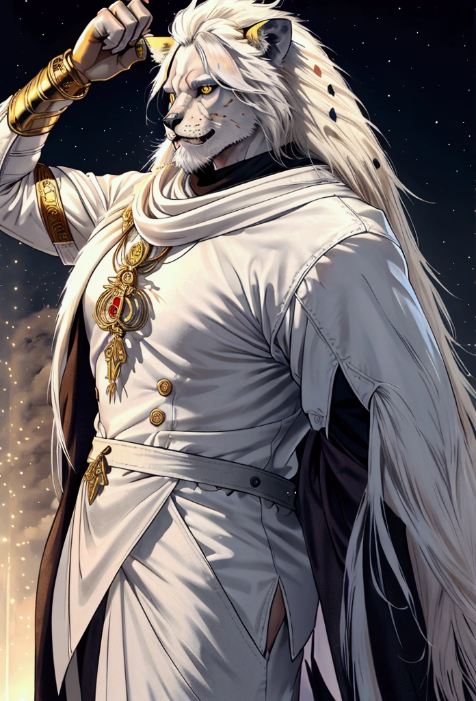 Male, large, musuclar, scar that goes over eye, scary looking, white lion human hybrid, (Human face), Animal charcateristics such as (tail, lion ears, sharp teeth, lion eyes) , Lion ears, long white hair, sharp teeth, dangerous, high res, high quality, masterpiece, amazingly done, (colorful), work of art snowy background,