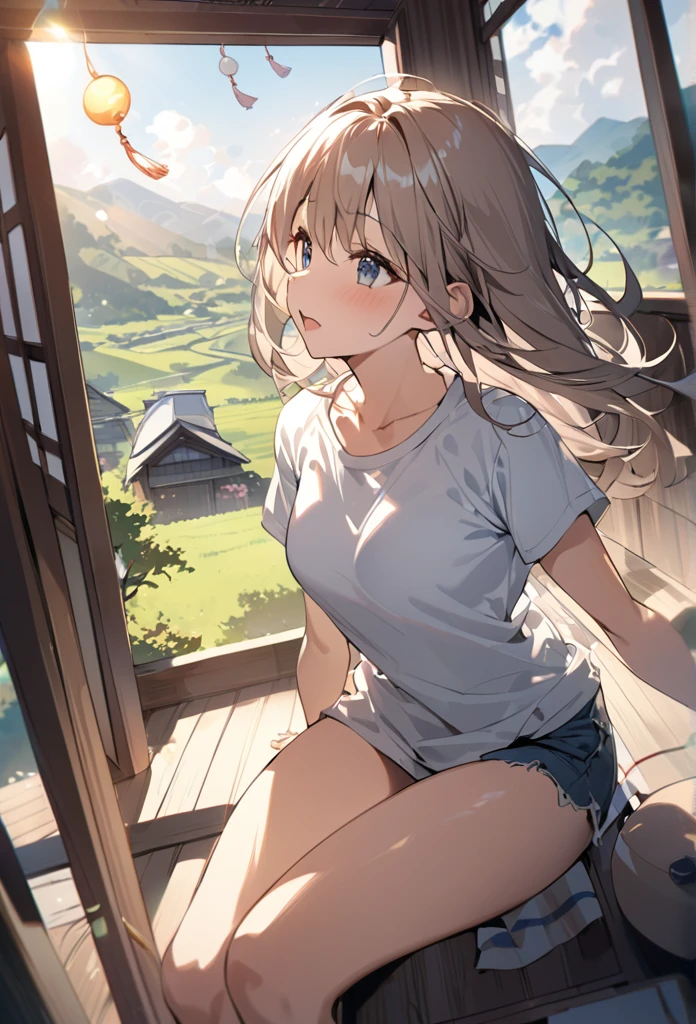 summer、Japanese countryside house、sitting on the edge。bucolic、Background of nature、Style、Countryside view、T-shirt girl、wind chimes、、One Girl、sunlight、Dynamic Angle((masterpiece,Highest quality))、