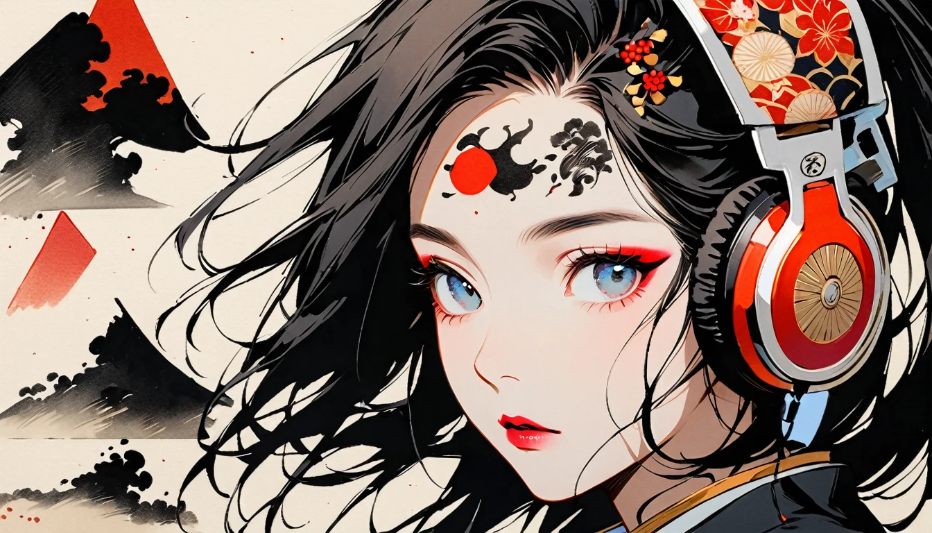 (((Ink Painting))), Fashion portrait color photos, (((1 girl))), (((Tattoo in the center of the forehead))), (((Very flashy hair accessories))), (((Very flashy makeup))), Japanese style headphones, face close-up, Japan人の美少女, Black Hair, Delicate and precise, Modern ukiyo-e style,Japan, Japanese flag