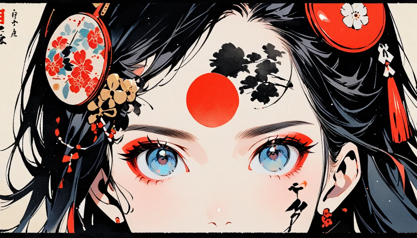(((Ink Painting))), Fashion portrait color photos, (((1 girl))), (((Tattoo in the center of the forehead))), (((Very flashy hair accessories))), (((Very flashy makeup))), Japanese style headphones, face close-up, Japan人の美少女, Black Hair, Delicate and precise, Modern ukiyo-e style,Japan, Japanese flag