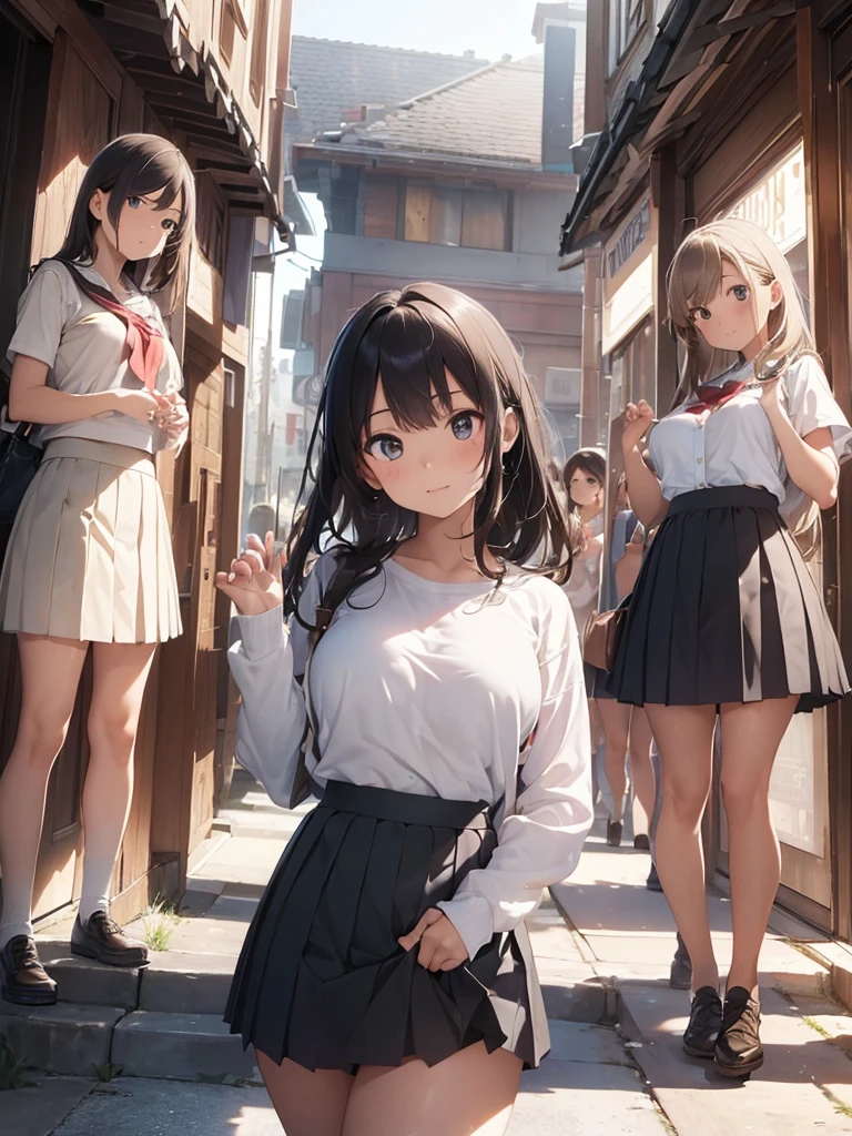 ((high quality)), ((masterpiece)), (detailed),Perfect Face,Angle from the front,Strong light from the front,With front light,The best natural light,Daytime lighting,(Lift up your skirt with your hands:1.4),Angle from the front,A group of teens standing in a row with their pants off, their skirts held up with both hands, exposing their crotches to the camera,