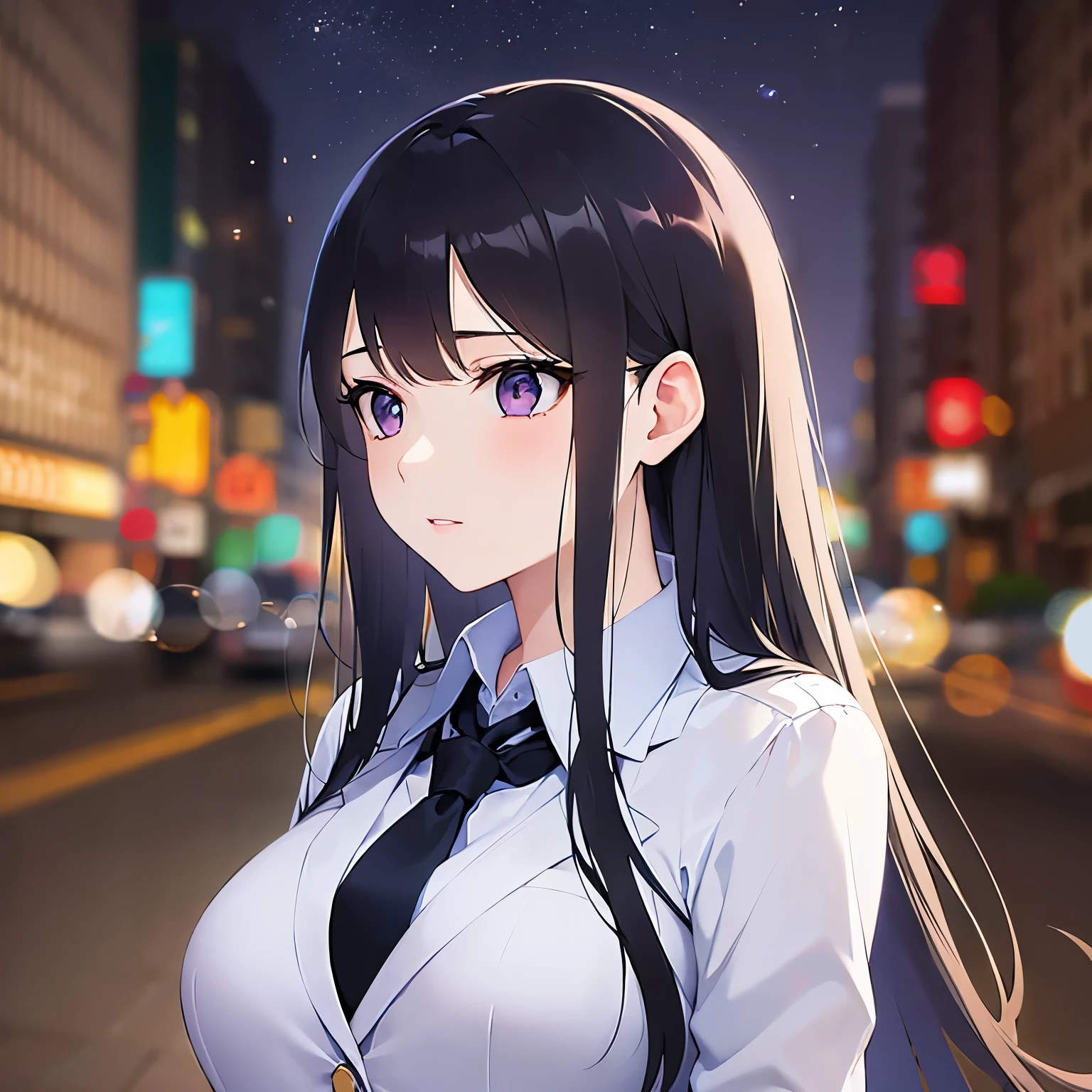 (looking away:1.5),Looking up,
Realistic, real person, (pale skin: 1.2), RAW photo, photorealistic, shiny skin, shiny hair、
(A 25-year-old woman with straight hair and bangs) and (medium hair) and (black hair) and (purple eyes) ,
(Wearing a business suit) and (Wearing a white collared shirt)、
Cleavage、blush,wiping tears,The background is the city at night