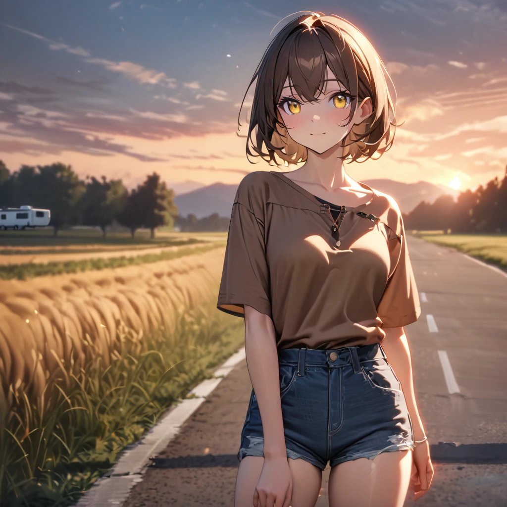 A woman wearing a brown casual shirt, brown hair, short hair, yellow eyes, denim shorts, casual sneakers, with a casual cap, near a motorhome, on a concrete road, road in a large field, large background with grass, place at sunset, perfect face, perfect eyes, view of the sky,,UHD , prime work , accurate , anatomically correct , textured skin , super details , high quality , best quality, 8k, high resolution, bokeh effect. (woman solo), close view
