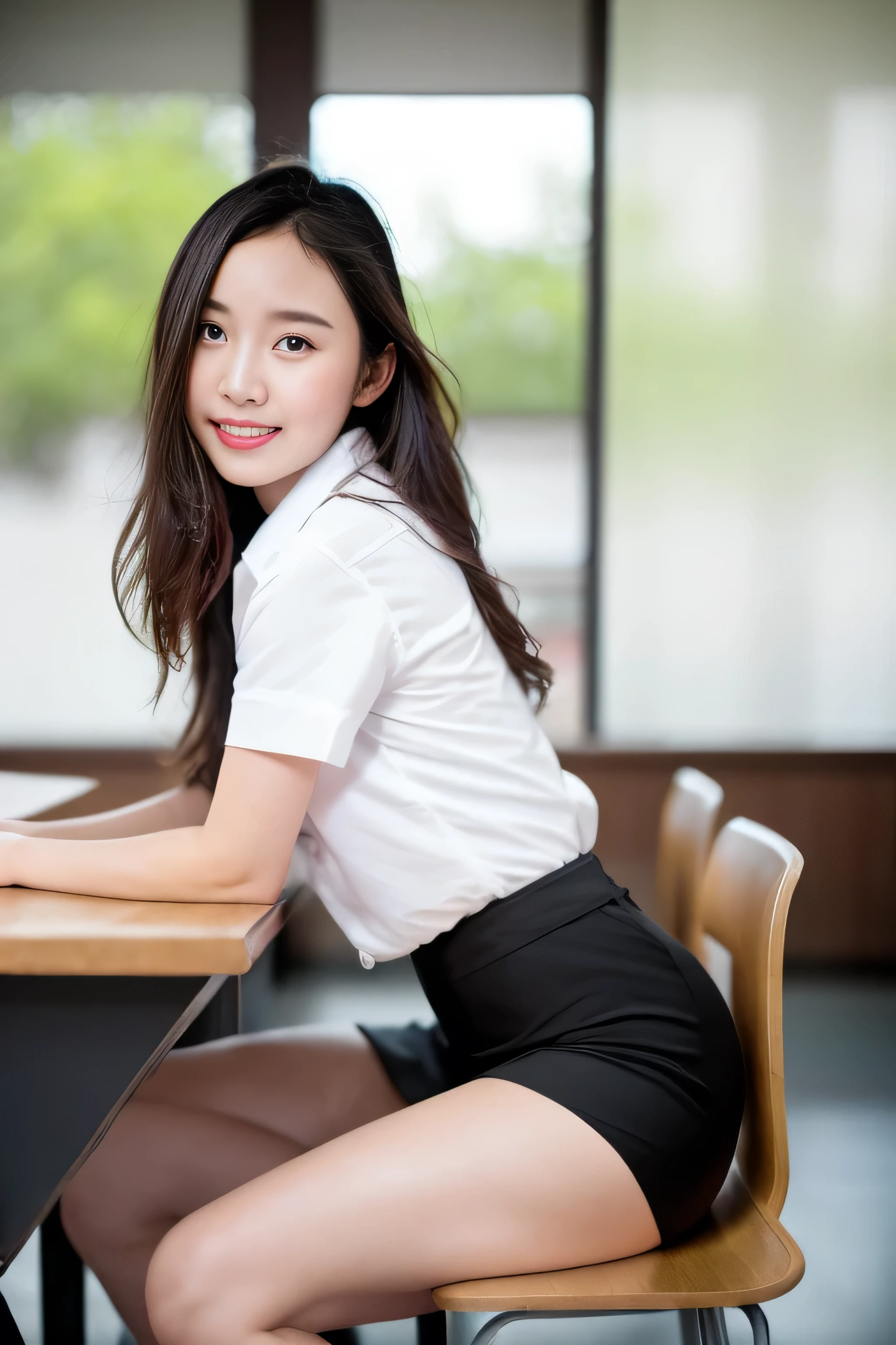 Close up,1 girl{{A beautiful woman wearing a white short-sleeved shirt and a short black A-line skirt}} sits with her legs spread apart on a lecture table in the classroom, striking a sexy pose.  with several lecture tables set up behind it  There is a sliding glass window.  There was evening light streaming into the room.