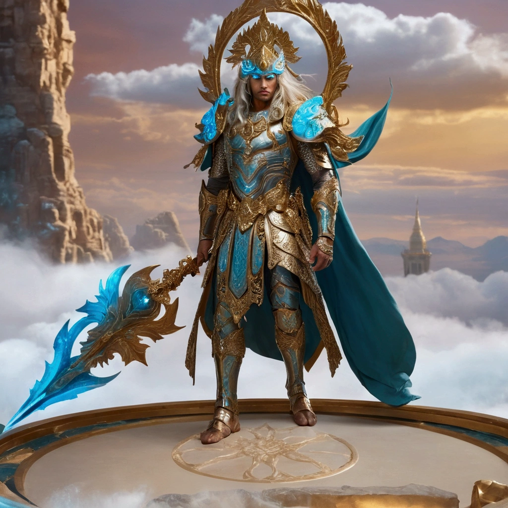  A majestic fantasy warrior standing confidently on an ornate circular platform, adorned in intricately designed armor featuring gold and teal accents. The warrior has long, flowing hair and wears a crown embellished with glowing blue crystals. In one hand, he wields a striking weapon with a blue, icy blade, while the background showcases a serene, ethereal landscape with soft clouds and distant architecture, reminiscent of ancient temples. The scene is illuminated with a mystical light, emphasizing the warrior's regal presence and detailed armor design.