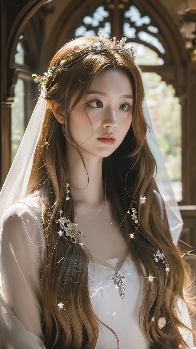 Depict an enchanting young woman with flowing golden hair and emerald eyes, wearing a moonlit silk gown with silver embroidery and a delicate gossamer veil. She is gracefully exploring the mystical interior of an ancient castle. The setting includes grand stone walls covered with ivy, stained glass windows filtering sunlight into a kaleidoscope of colors, and a large, ornate mirror with a gilded frame. Crystal chandeliers illuminate the room with a magical glow, creating a dreamlike and ethereal atmosphere.