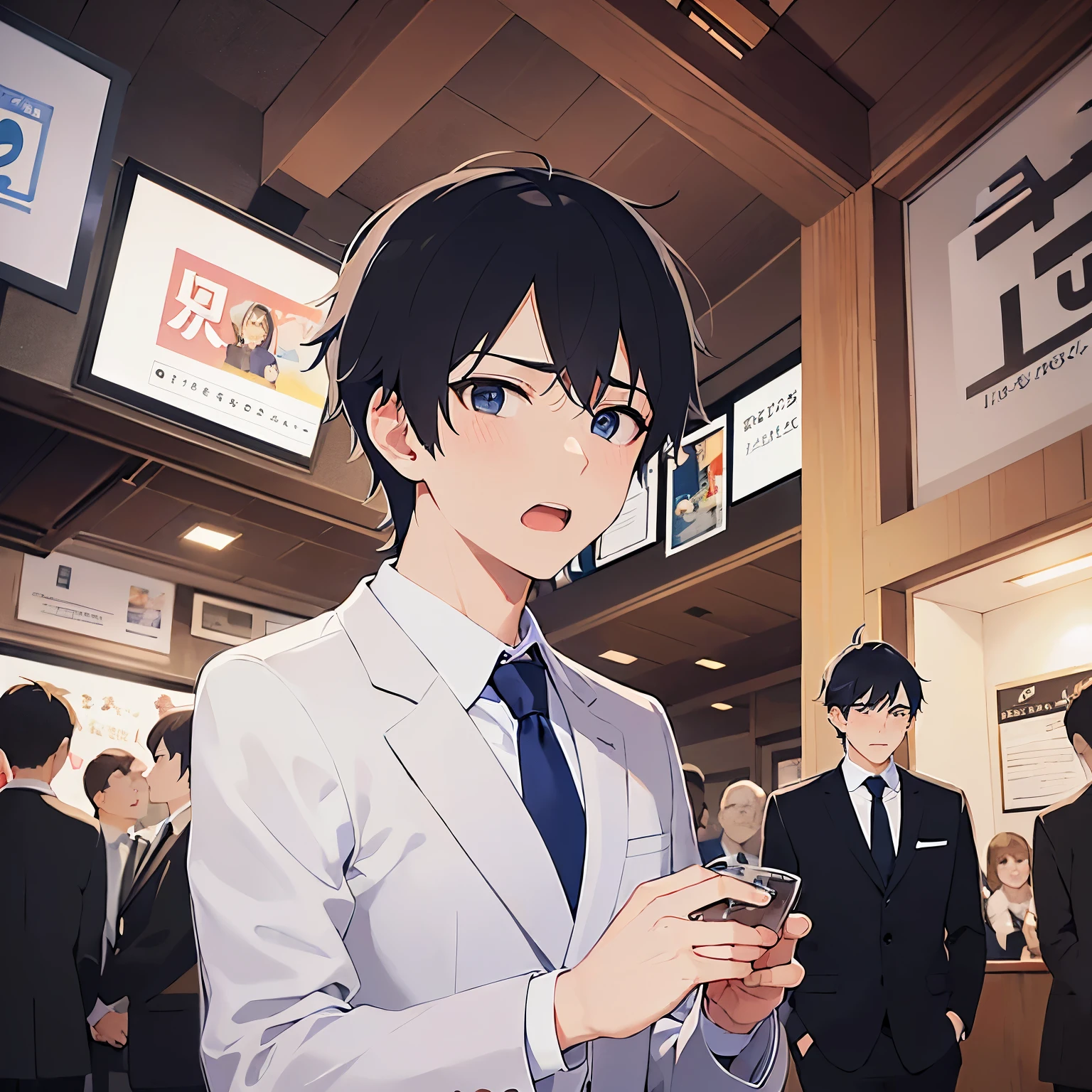 masterpiece、Highest quality、upperbody,Shooting from below、
(25-year-old male:1.5) and(Black short hair) and (blue eyes),
(suit:1.5) and (Blue tie)(suit:1.5) and (Blue tie)、blush,worried,open mouth,The background is the interior of an izakaya at night.、