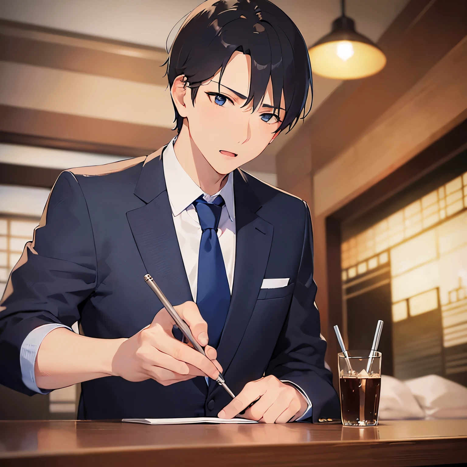 masterpiece、Highest quality、upperbody,Shooting from below、
(25-year-old male:1.5) and(Black short hair) and (blue eyes),
(suit:1.5) and (Blue tie)(suit:1.5) and (Blue tie)、blush,worried,open mouth,The background is the interior of an izakaya at night.、