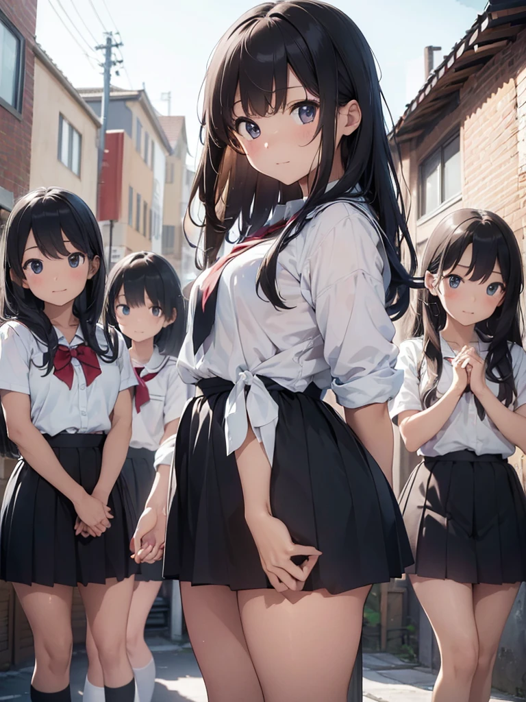 ((high quality)), ((masterpiece)), (detailed),Perfect Face,Angle from the front,Strong light from the front,With front light,The best natural light,Daytime lighting,Angle from the front,A group of junior high school students holding up their skirts with both hands,