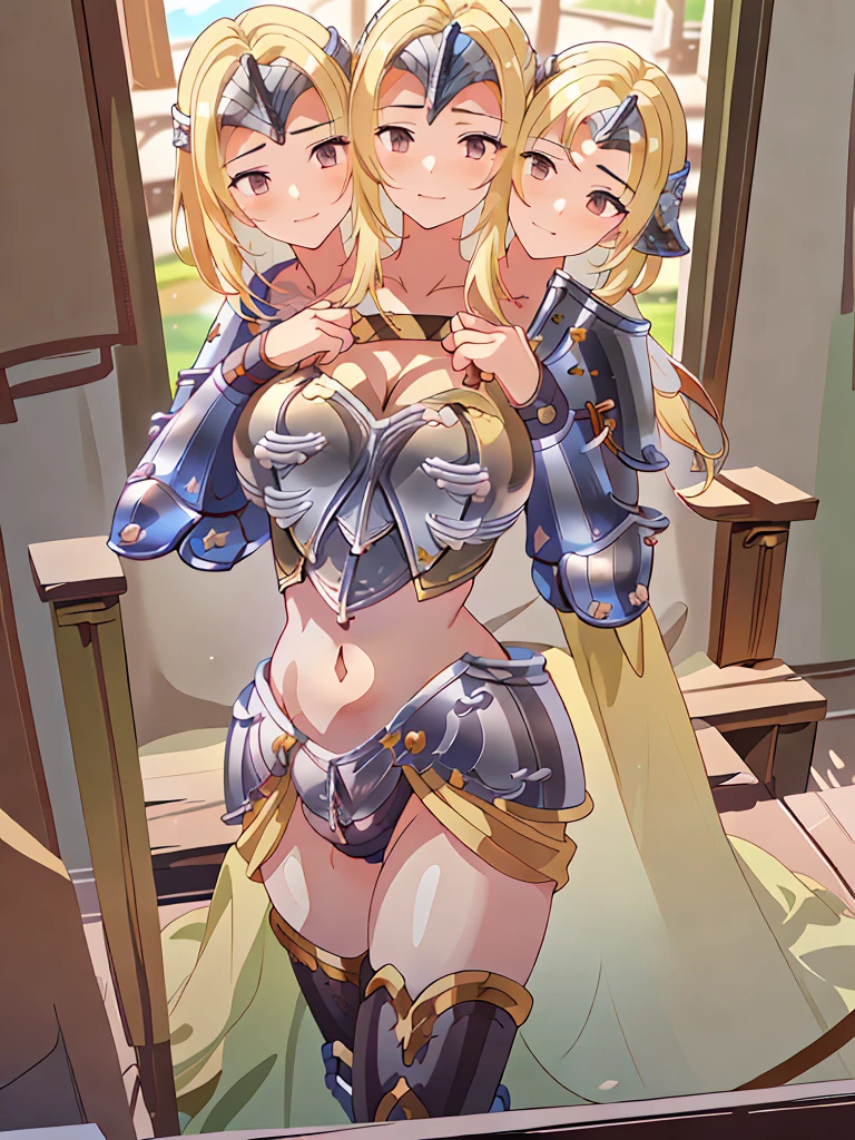 (masterpiece),(ultra-detailed), (high quality), (high resolution), (best quality:1.5, highres, UHD), highres, absurdo, ultra detail, ultra quality, (3heads:1.5), 1girl, ((golden blonde hair)), long hair, thighs, (gray armor), female warrior, (open belly), (open breasts), exposed midriff, huge tita, (medieval outfit), (black eyes), cropped armored chest piece, gorgeous female knight, Guild Clothes with Armor, Fantasyart:1.5, (1 Female Knight:1.5), Detailed and detailed depiction armor, (seductive smirk), detailed eyes, revealing armor,
