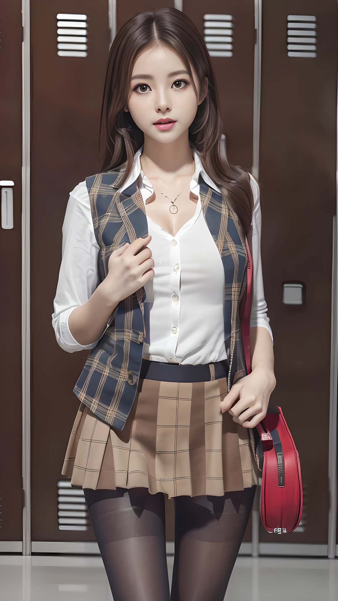 ulzzang-6500-v1.1, (RAW Photos:1.2), (Photorealistic), (Genuine:1.4), 1girl、Perfect Anatomy、20 years old、Looking at the camera、Medium Long Hair、Plaid vest、((Change clothes in the locker room:1.3))、(Ultra-realistic pantyhose:1.2), (High heels)、(Business services)、Asian Eyes Ella,