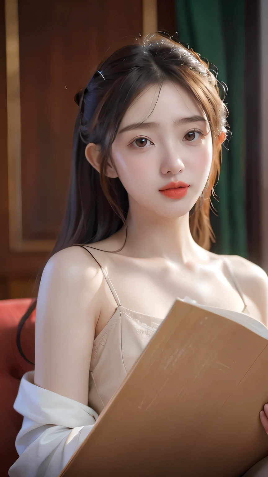 (masterpiece, best quality), (kpop idol, beautiful girl),   BREAK  0406,Best-quality, Masterpiece, Ultra-High-Resolution, (Photorealistic:1.4), Raw-Photo, Extremely-Details, Perfect-Anatomy, 

studious, reading, classical painting, XIX century use while inside his photographic studio 