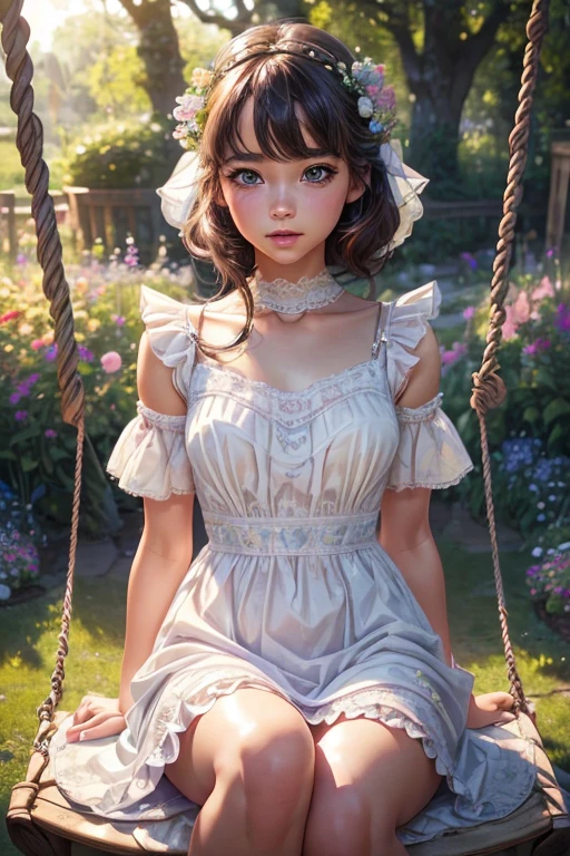 Cute 、One girl、Beautifully detailed eyes、Beautifully detailed lips、Highly detailed face、Long eyelashes、、Innocent look、Childish、Porcelain-like skin、Wearing a tight separate dress with frills、Sitting on the swing in the garden、surrounded by flowers、Sunlight filtering through the trees、pastel colour、Soft lighting、delicate、Fantasy、beautiful、(Highest quality、4K、8k、High resolution、masterpiece:1.2)、Super detailed、(Real、Photorealistic、Photorealistic:1.37)