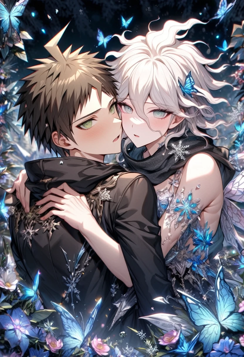 Ultra detailed, HDR, Highres, absurdres, master piece, Hinata Hajime, brown hair, expressive green eyes, Komaeda Nagito, white hair, expressive green-gray eyes, black hoodie, black scarf, Danganronpa, handsome, ice glittering butterflies, ice, petals, ice pink glass flowers, glittering, fantasy, magical, snowflakes, cold, two sexy man together, gay couple, yaoi, love