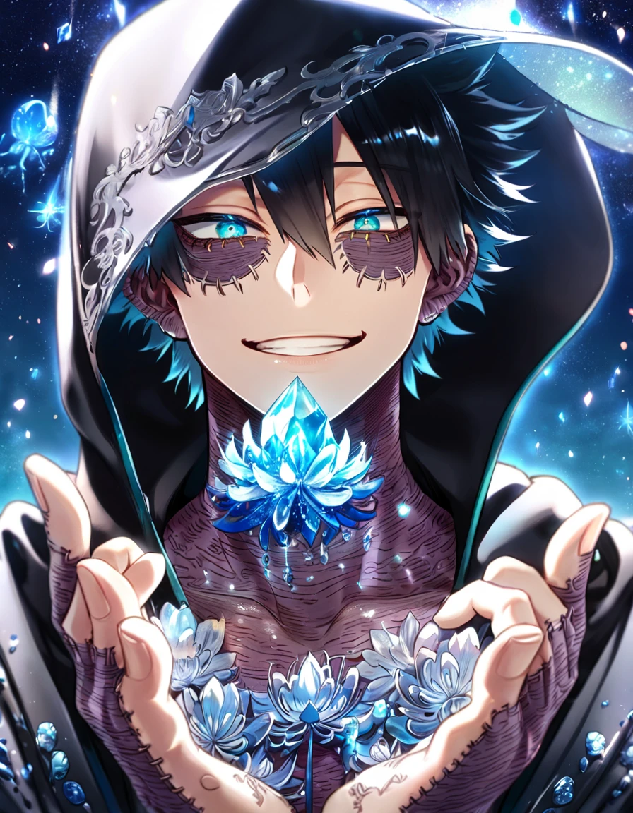 absurdres, highres, ultra detailed, HDR, master piece, best quality, extremely detailed, Dabi, black hair, expressive turquoise eyes, Boku No Hero Academia, solo, sexy man, handsome, sensual, smile, black coat with high collar, fantasy, sparkling, blue glittering fireflies, ice, blue blossoms, blue spider lilies, blue sparkling lights, starry sky, magical, crystal, blue moon, cold night