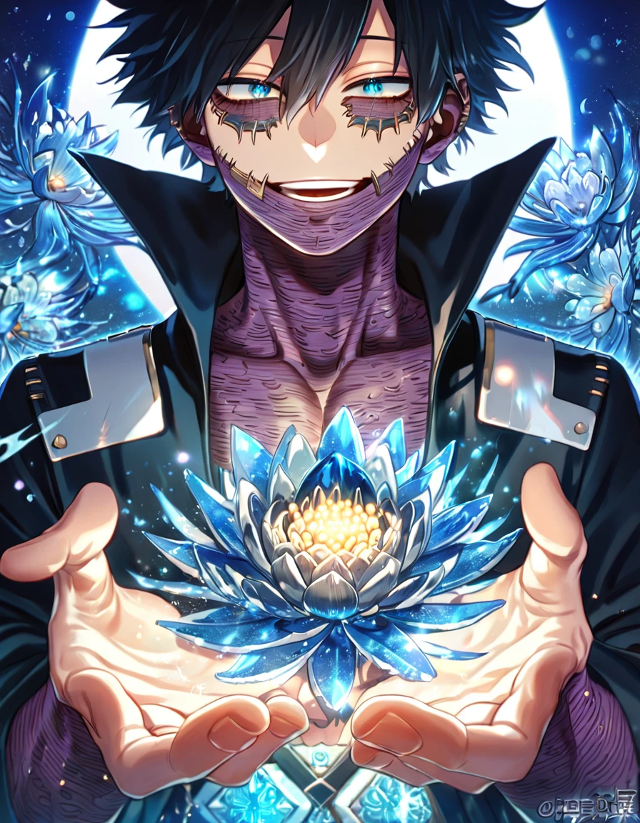 absurdres, highres, ultra detailed, HDR, master piece, best quality, extremely detailed, Dabi, black hair, expressive turquoise eyes, Boku No Hero Academia, solo, sexy man, handsome, sensual, smile, black coat with high collar, fantasy, sparkling, blue glittering fireflies, ice, blue blossoms, blue spider lilies, blue sparkling lights, starry sky, magical, crystal, blue moon, cold night